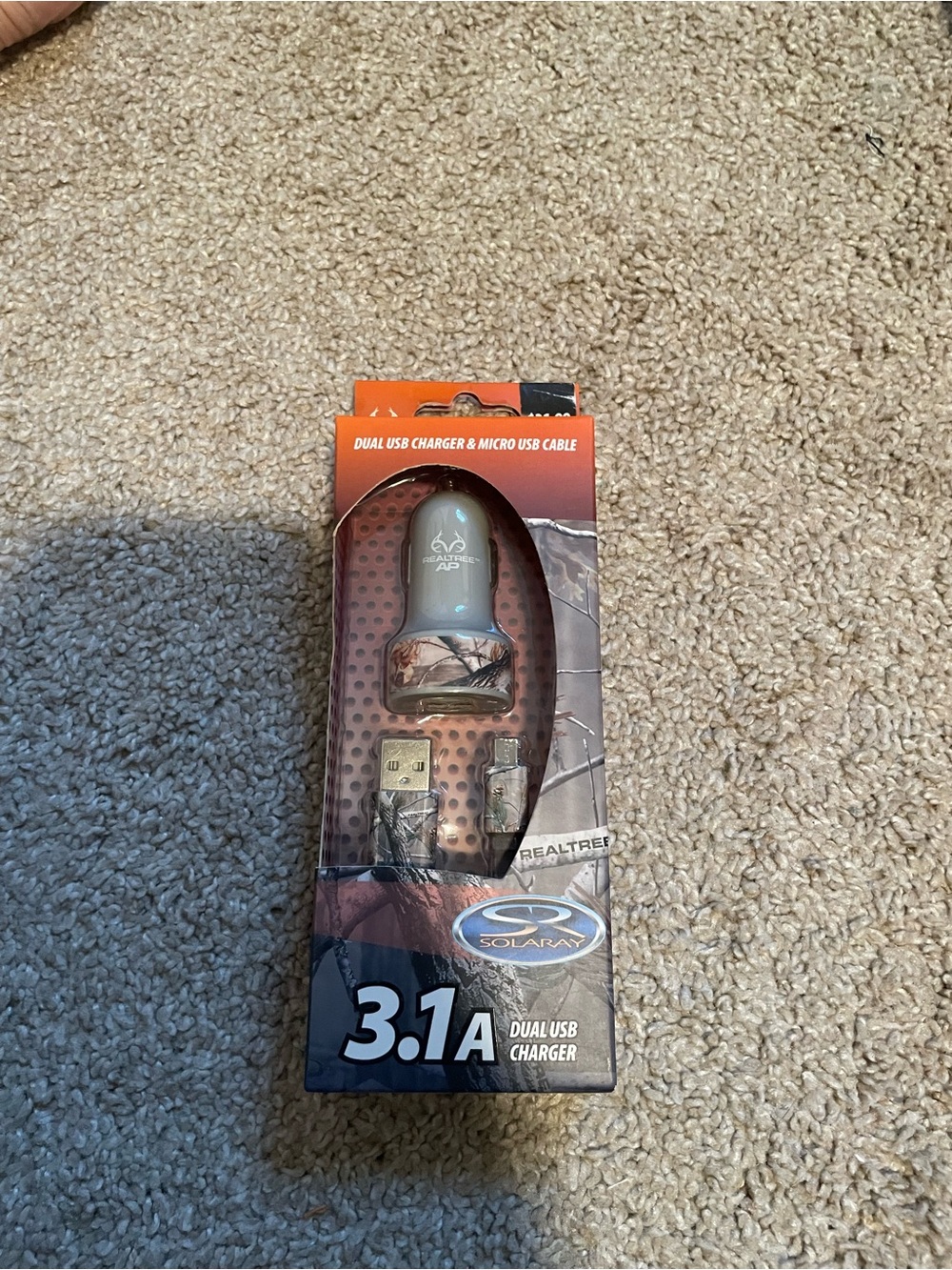 Realtree Camo Dual USB Car Charger with Gray Top and Camouflage Cable